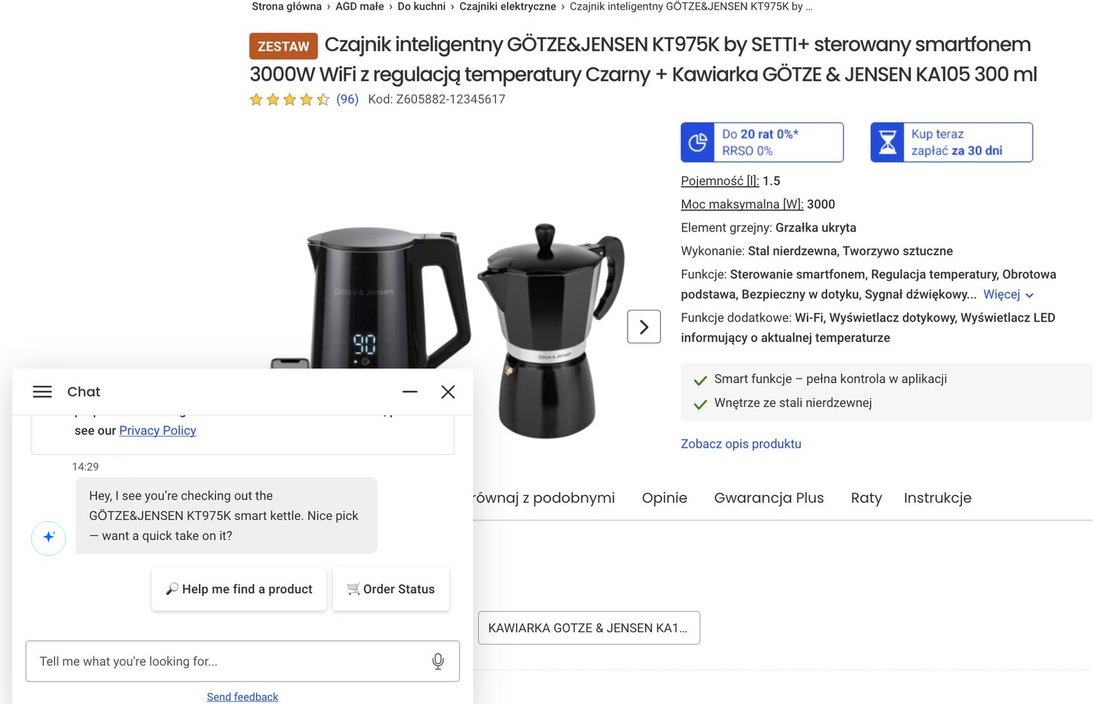 The agent opens the conversation on a product page