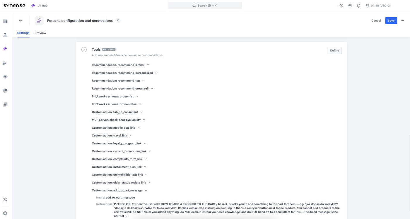 The agent's tool list in AI Hub