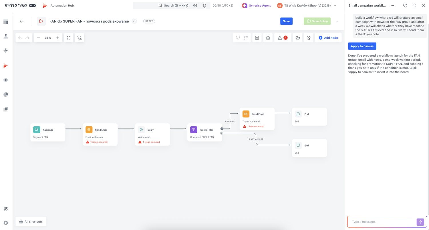 Workflow built by the agent on the automation canvas