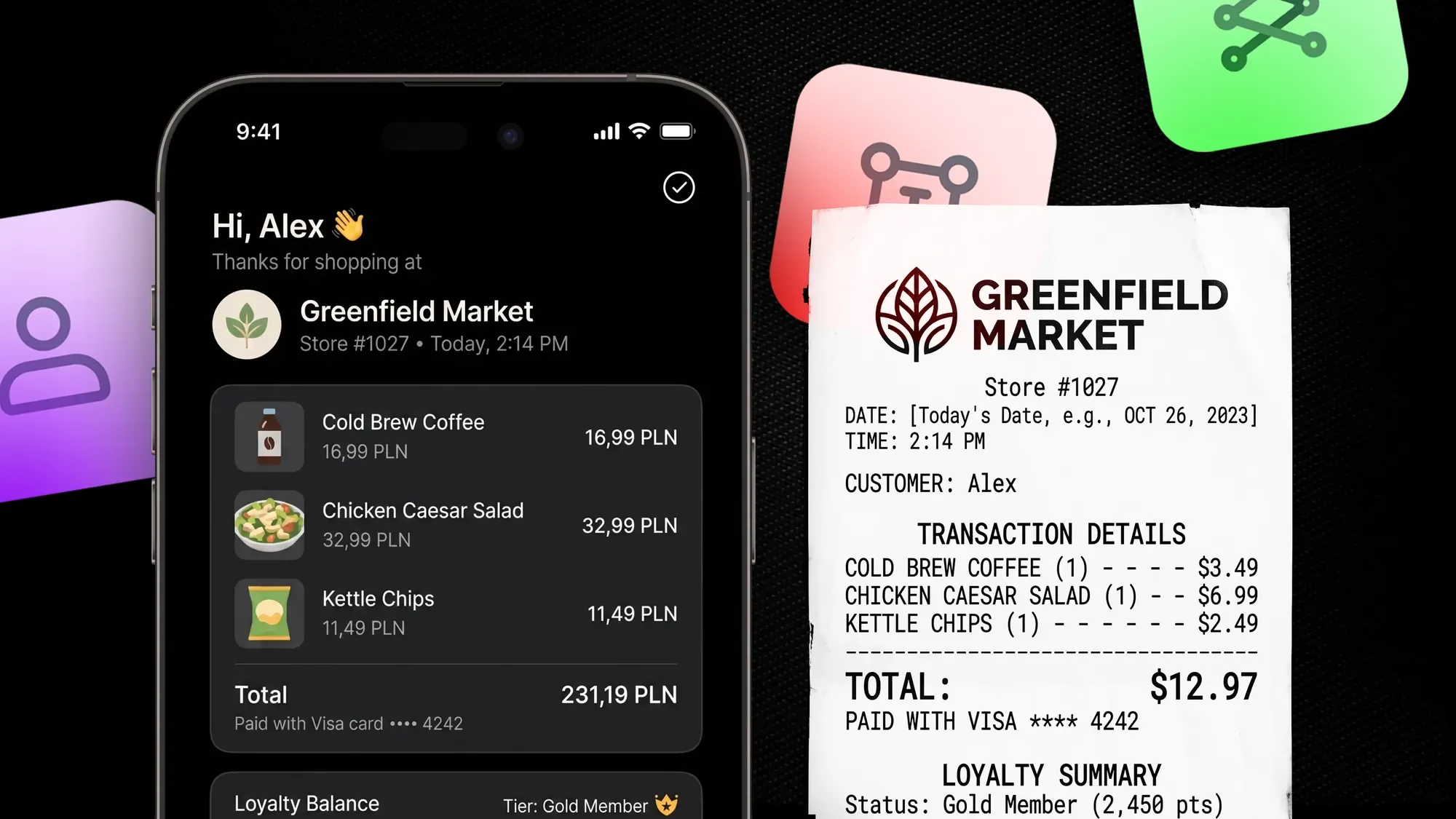 Greenfield Market purchase and loyalty balance on a phone beside a receipt
