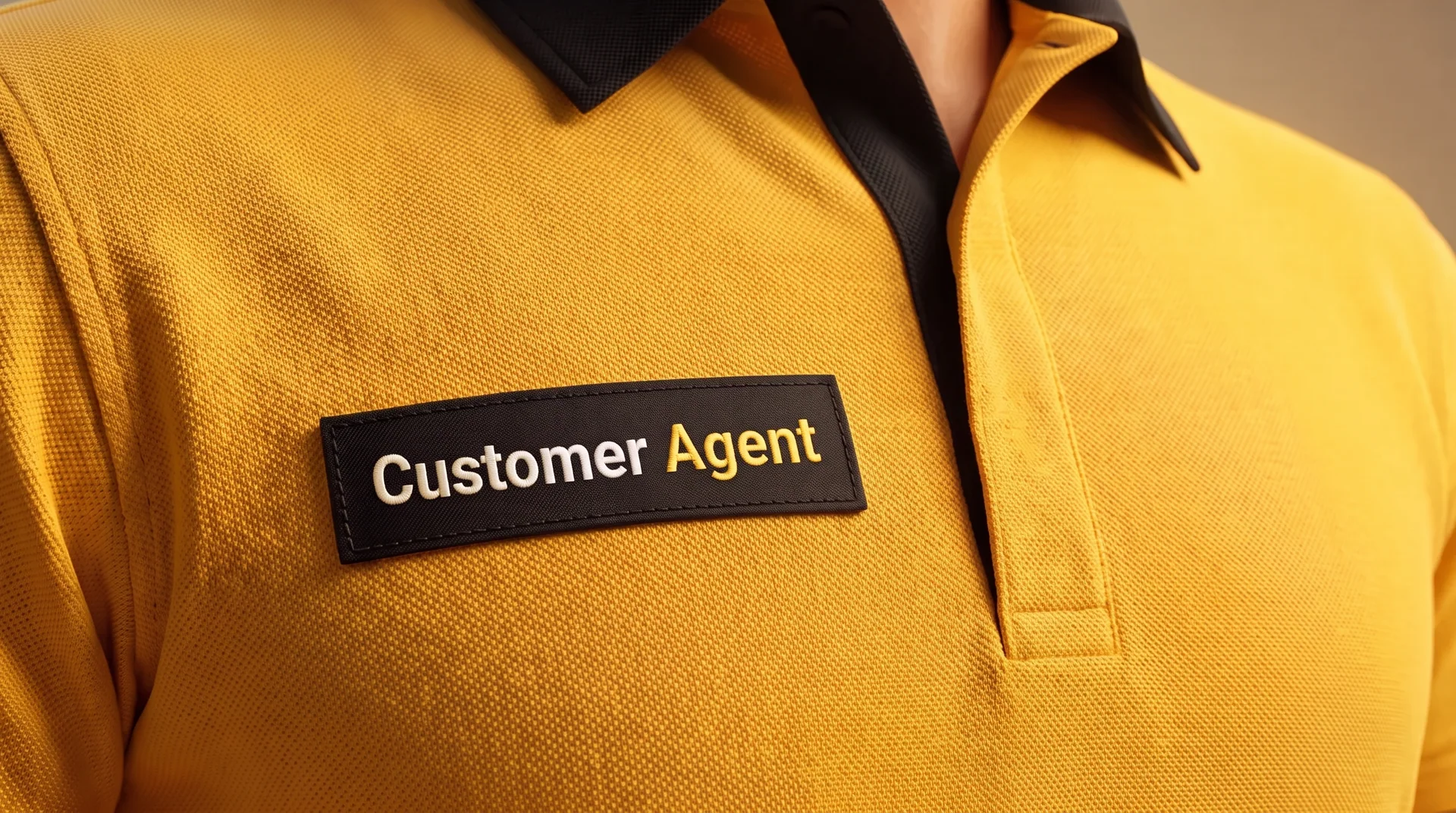 Close-up of a yellow uniform with a Customer Agent patch
