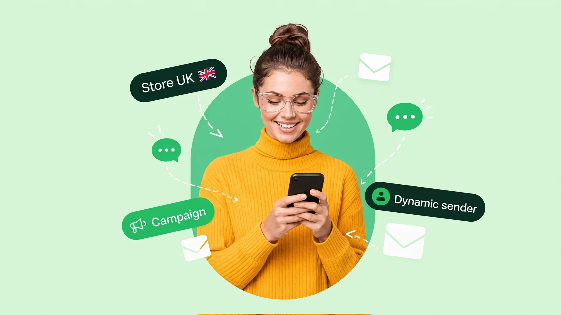 Woman using a phone with Store UK, Campaign and Dynamic Sender labels linked by messaging icons