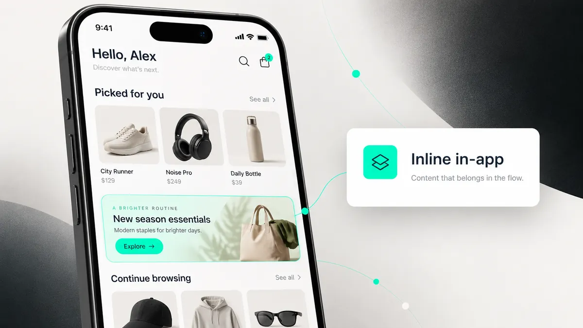 Phone home screen with an inline in-app banner, New season essentials, placed between the Picked for you and Continue browsing product rows