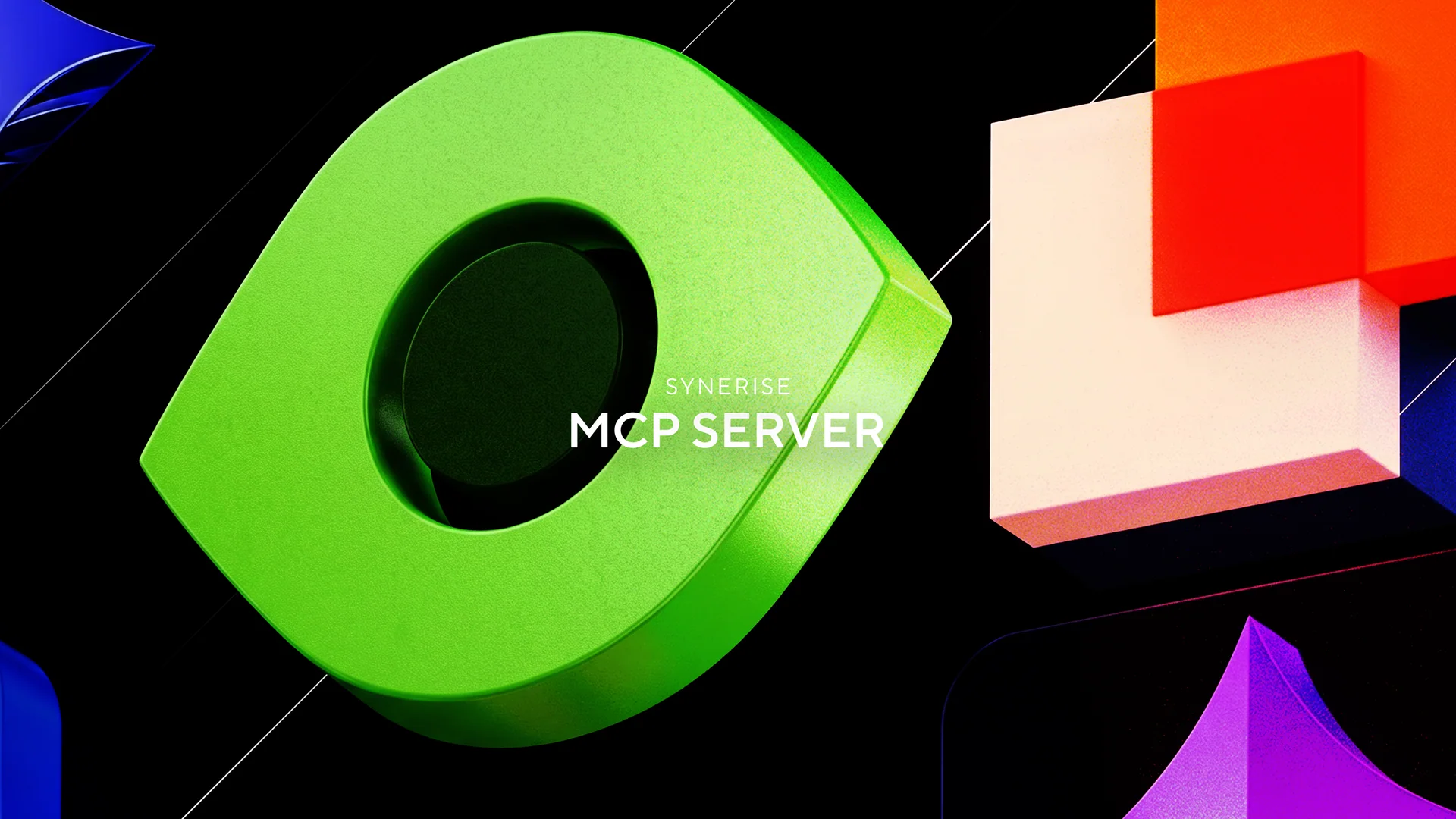 Colorful geometric shapes around the Synerise MCP Server title on a black background