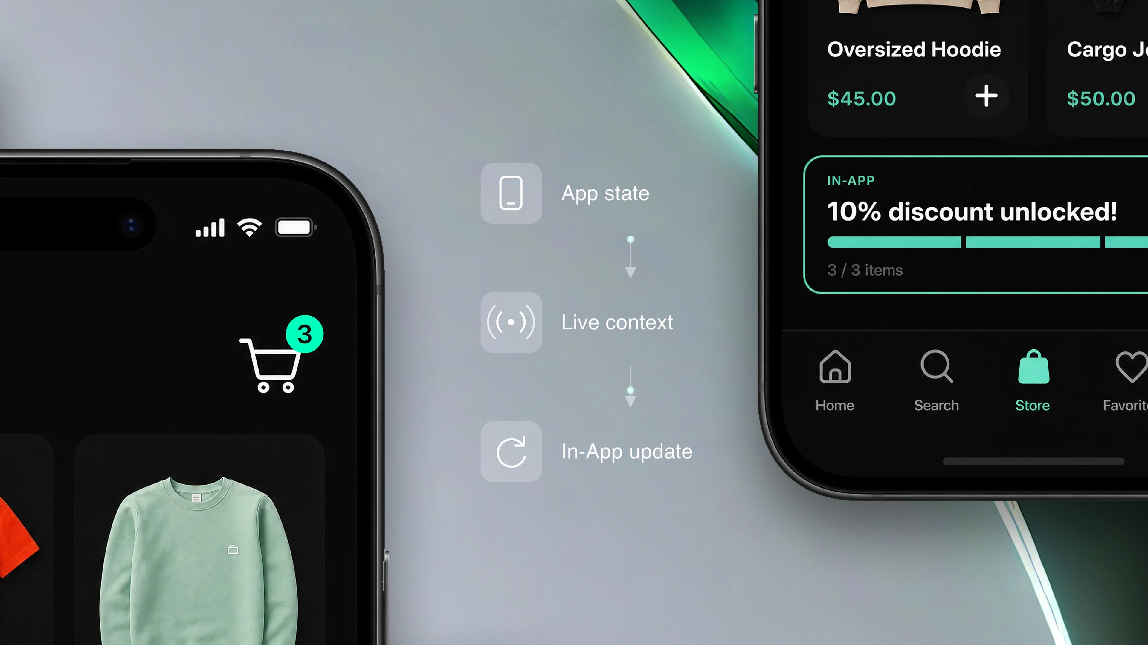 Mobile store screen and an in-app discount, connected by app state, live context and in-app update