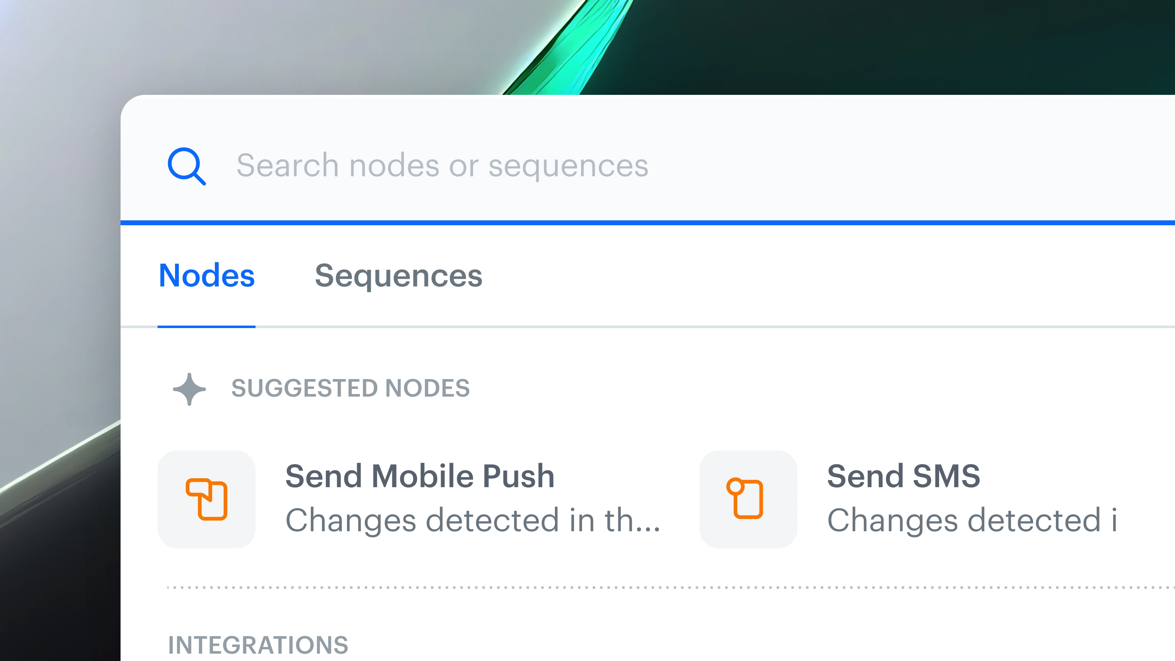 Automation node picker with Nodes and Sequences tabs and suggested Send Mobile Push and Send SMS nodes