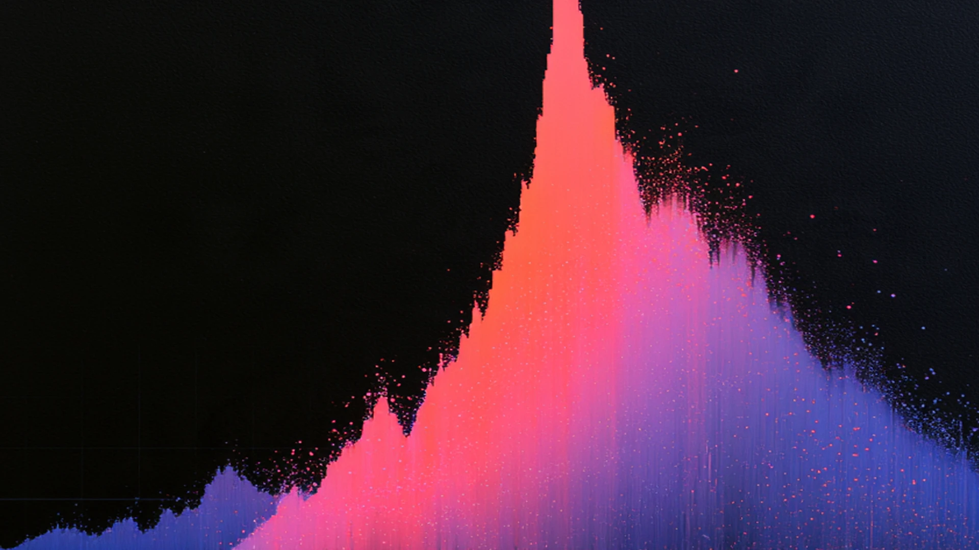 Pink and blue data patterns rising to a sharp peak on a dark background