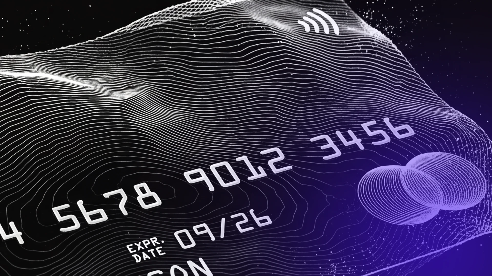 Payment card formed from flowing white lines with a purple glow on a dark background