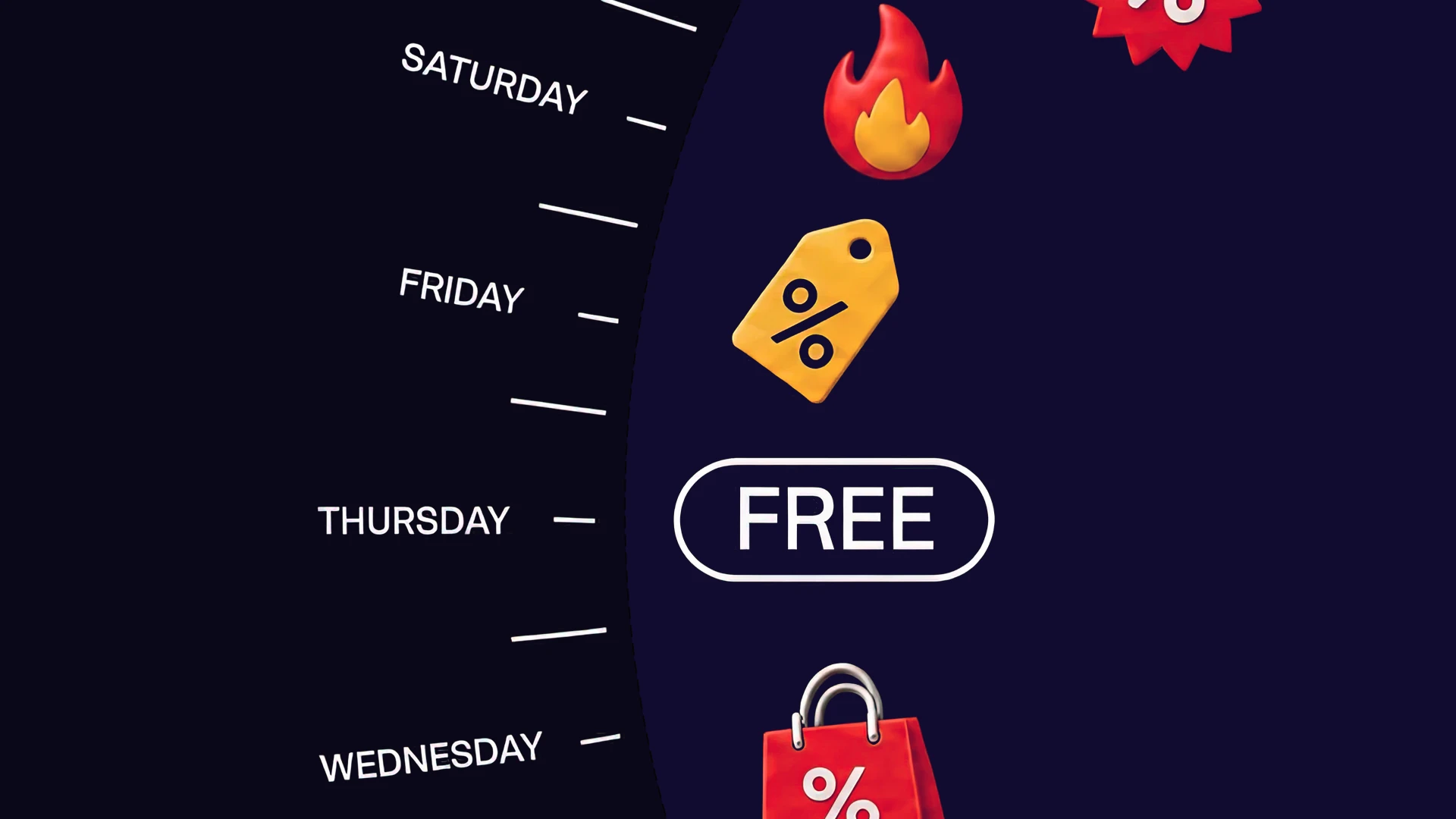 Weekly promotion schedule with discount tags, a flame and a free offer on a dark purple background