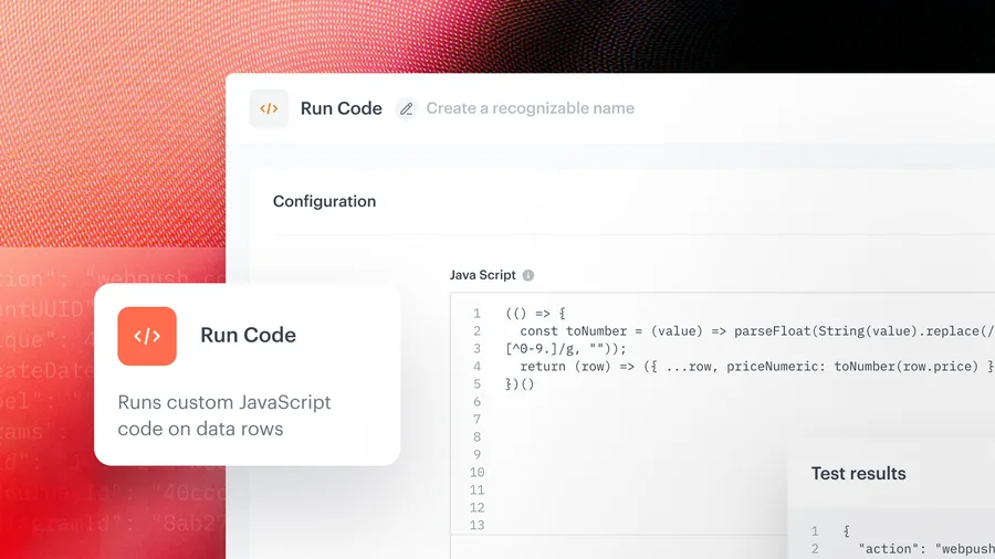 Run Code node in a Synerise workflow: a JavaScript editor with a transformation script and a test results panel