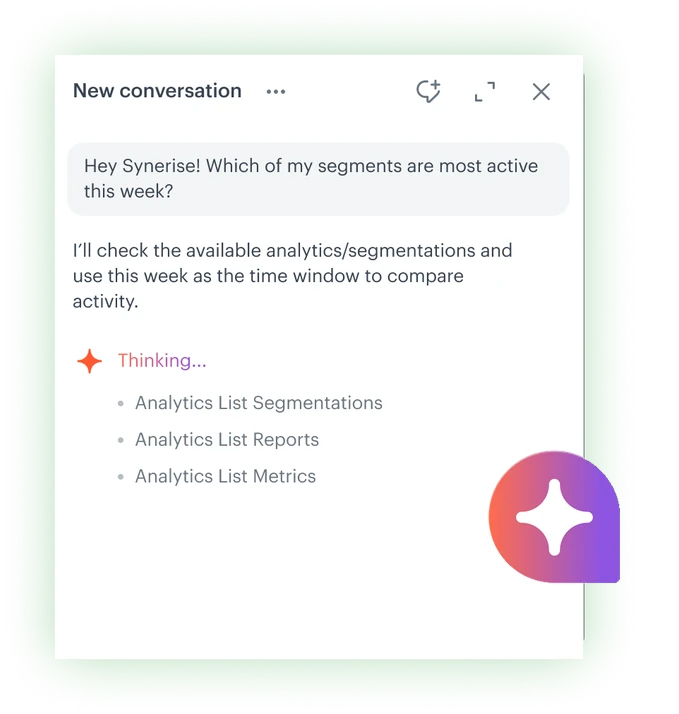 Synerise System Agent chat: a question about the most active segments this week, and the agent listing the analytics it will check