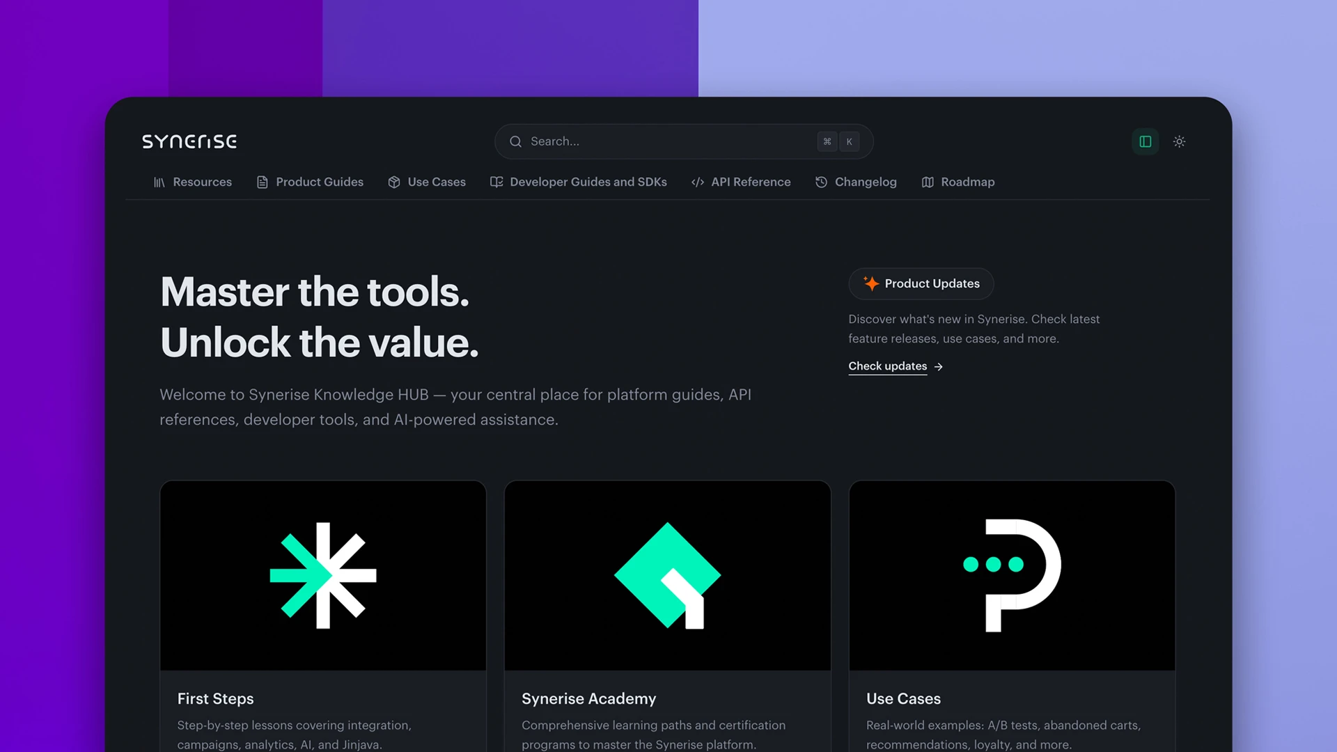 Synerise Knowledge Hub homepage with unified navigation, search, First Steps, Synerise Academy and Use Cases