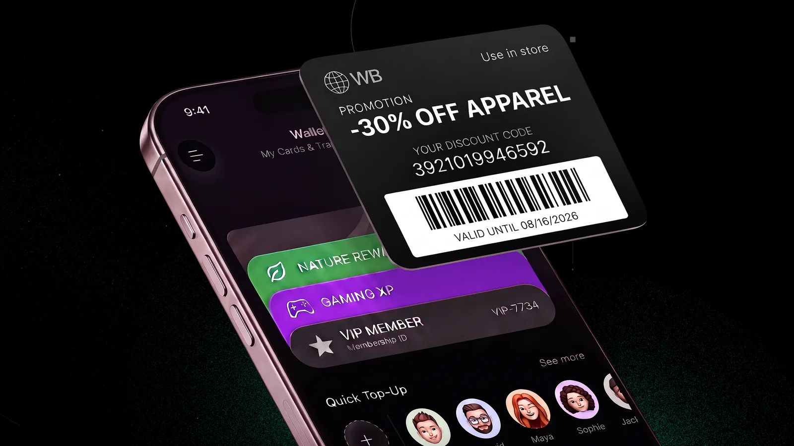 Phone wallet with colorful cards behind a black 30% off apparel promotion pass and barcode
