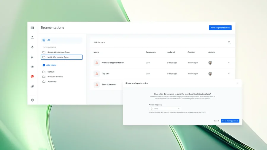 Segmentations list in Synerise with a Multi Workspace Sync folder and a Share and synchronize dialog setting how often membership attribute values are synced